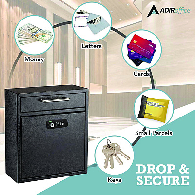 AdirOffice Medium Secure Drop Box Wall Mounted Locking Mail Box with Key and Combination Lock, 10.51 x 4.72 x 12, Black (ALHI63105BLKKC)