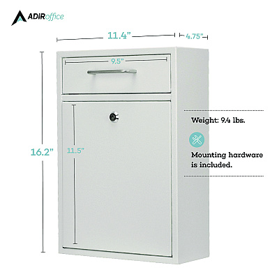 AdirOffice Large Ultimate Secure Drop Box Wall Mounted Mail Box, 11.2 x 4.7 x 16.2, White (ALHI63104WHI)