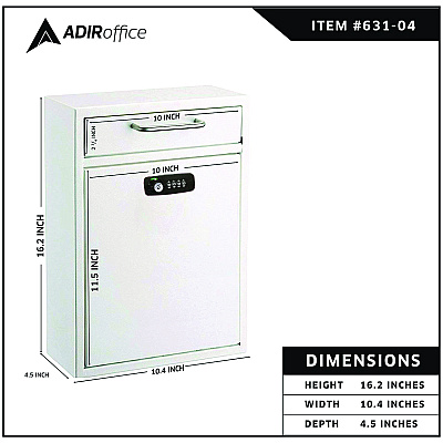 AdirOffice Large Secure Drop Box Wall Mounted Locking Mail Box with Key and Combination lock, 11.2 x 4.7 x 16.2, White (ALHI63104WHIKC)