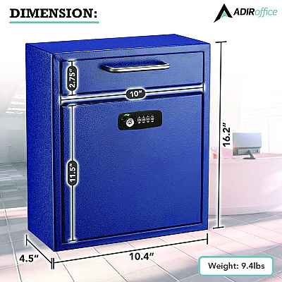 AdirOffice Medium Secure Drop Box Wall Mounted Locking Mail Box with Key and Combination Lock, 10.51 x 4.72 x 12, Blue (ALHI63105BLUKC)