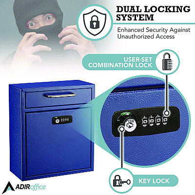 AdirOffice Medium Secure Drop Box Wall Mounted Locking Mail Box with Key and Combination Lock, 10.51 x 4.72 x 12, Blue (ALHI63105BLUKC)