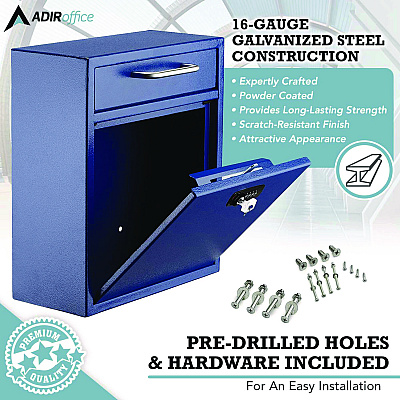 AdirOffice Medium Secure Drop Box Wall Mounted Locking Mail Box with Key and Combination Lock, 10.51 x 4.72 x 12, Blue (ALHI63105BLUKC)