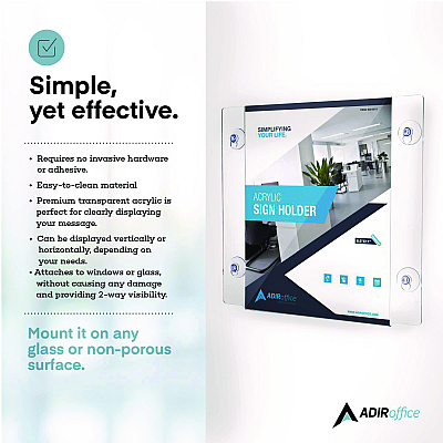 AdirOffice Clear Suction Acrylic Window Sign Holder, 8 x 11, Clear Frame, 2/Pack (ALHI6398511WSH2)