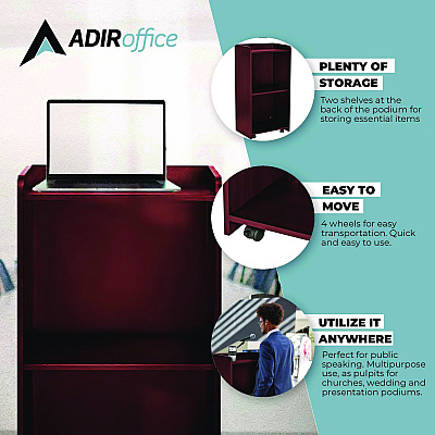 AdirOffice Wood Mobile Presentation Lectern Speaker Stand with Shelves, 22.44 x 16.53 x 45.98, Mahogany (ALHI66107MA)