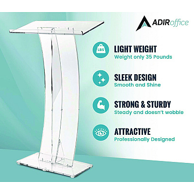 AdirOffice Acrylic Slanted Podium Lectern Speaker Stand, 26.75 x 12.5 x 47, Clear (ALHI66103CLR)