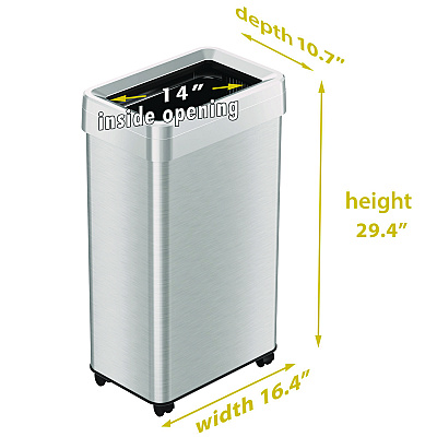 HLS Commercial Open Top Trash Can with Wheels, 18 gal, Plastic Stainless Steel, Silver (HLMHLS18UOTM)