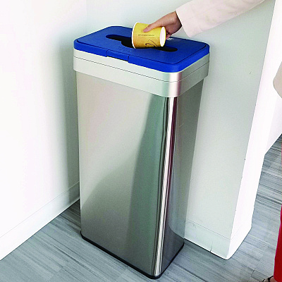 HLS Commercial Open Top Recycle Bin with Color-Coded Lid, 21 gal, Plastic/Stainless Steel, Silver/Blue (HLMHLS21UOTREC)