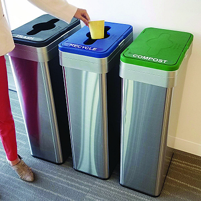 HLS Commercial Open Top Trash Can/Recycle Bin/Compost Bin w/Color-Coded Lids Set, 21 gal, Plastic/Stainless Steel, Silver/Black/Blue/Green (HLMHLS21UOTTRIO)