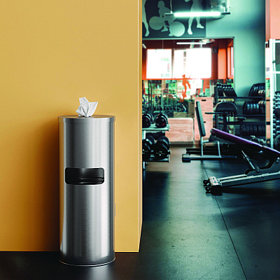 HLS Commercial Side-Entry Trash Can with Gym Wipe Dispenser, 9 gal, Stainless Steel, Silver (HLMHLSC09WSR)