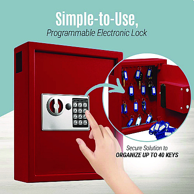 AdirOffice Steel Digital Lock Key Cabinet, 40-Key, 13 x 4 x 14.3, Stainless Steel 304, Red (ALHI68040RED)