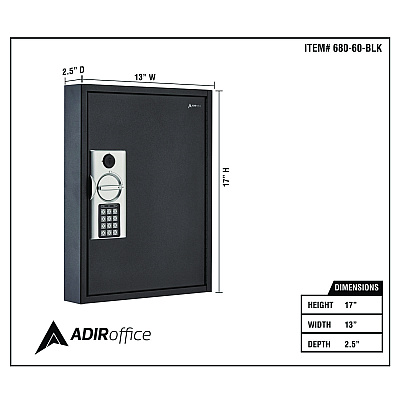 AdirOffice Steel Digital Lock Key Cabinet, 60-Key, 13 x 2.6 x 17, Stainless Steel 304, Black (ALHI68060BLK)
