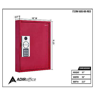 AdirOffice Steel Digital Lock Key Cabinet, 60-Key, 13 x 2.6 x 17, Stainless Steel 304, Red (ALHI68060RED)