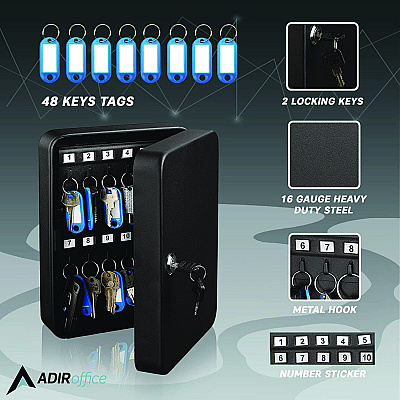 AdirOffice Steel Secure Key Cabinet with Key Lock, 48-Key, 7.1 x 3.1 x 10, Stainless Steel 304, Black (ALHI68148BLK)