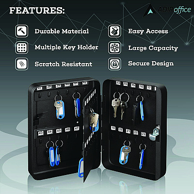 AdirOffice Steel Secure Key Cabinet with Key Lock, 48-Key, 7.1 x 3.1 x 10, Stainless Steel 304, Black (ALHI68148BLK)