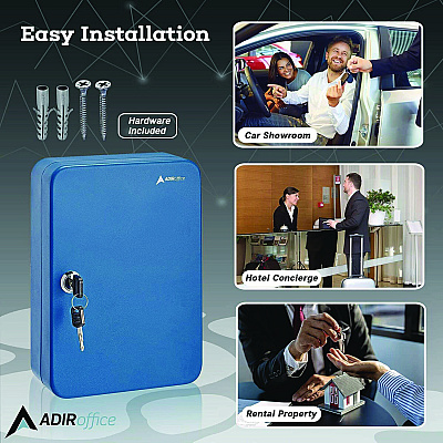 AdirOffice Steel Secure Key Cabinet with Key Lock, 48-Key, 7.1 x 3.1 x 10, Stainless Steel 304, Blue (ALHI68148BLU)