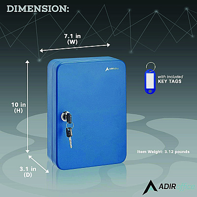AdirOffice Steel Secure Key Cabinet with Key Lock, 48-Key, 7.1 x 3.1 x 10, Stainless Steel 304, Blue (ALHI68148BLU)