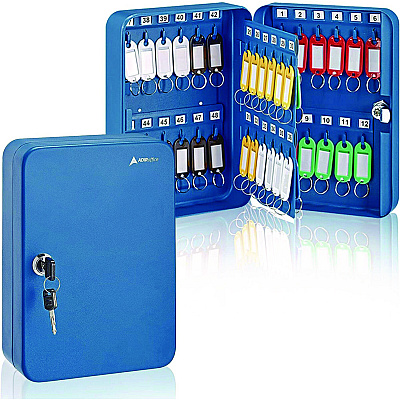 AdirOffice Steel Secure Key Cabinet with Key Lock, 48-Key, 7.1 x 3.1 x 10, Stainless Steel 304, Blue (ALHI68148BLU)