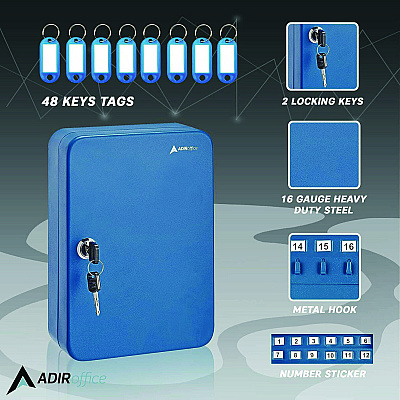 AdirOffice Steel Secure Key Cabinet with Key Lock, 48-Key, 7.1 x 3.1 x 10, Stainless Steel 304, Blue (ALHI68148BLU)