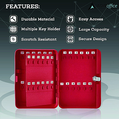 AdirOffice Steel Secure Key Cabinet with Key Lock, 48-Key, 7.1 x 3.1 x 10, Stainless Steel 304, Red (ALHI68148RED)