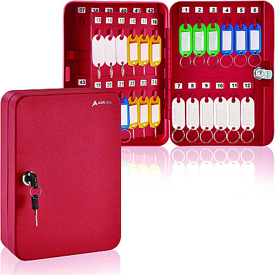 AdirOffice Steel Secure Key Cabinet with Key Lock, 48-Key, 7.1 x 3.1 x 10, Stainless Steel 304, Red (ALHI68148RED)