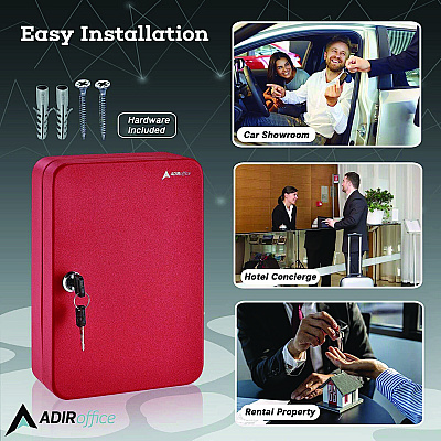 AdirOffice Steel Secure Key Cabinet with Key Lock, 48-Key, 7.1 x 3.1 x 10, Stainless Steel 304, Red (ALHI68148RED)