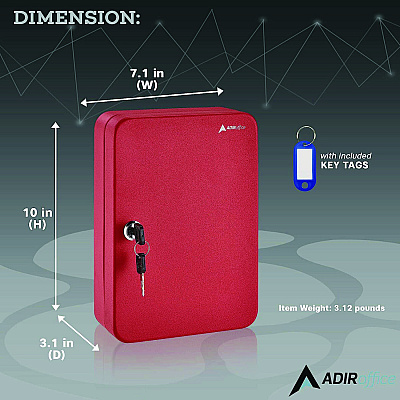 AdirOffice Steel Secure Key Cabinet with Key Lock, 48-Key, 7.1 x 3.1 x 10, Stainless Steel 304, Red (ALHI68148RED)