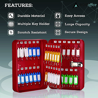 AdirOffice Steel Heavy-Duty Key Cabinet with Combination Lock, 48-Key, 7.1 x 3 x 10, Stainless Steel 304, Red (ALHI68248RED)