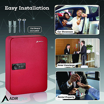 AdirOffice Steel Heavy-Duty Key Cabinet with Combination Lock, 48-Key, 7.1 x 3 x 10, Stainless Steel 304, Red (ALHI68248RED)