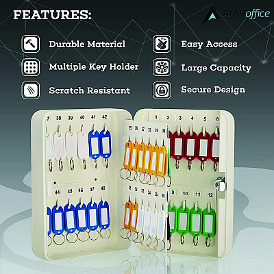AdirOffice Steel Secure Key Cabinet with Key Lock, 48-Key, 7.1 x 3.1 x 10, Stainless Steel 304, White (ALHI68148WHI)