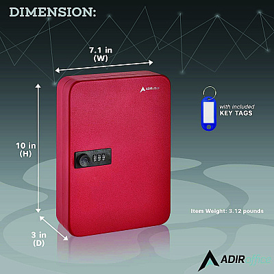 AdirOffice Steel Heavy-Duty Key Cabinet with Combination Lock, 48-Key, 7.1 x 3 x 10, Stainless Steel 304, Red (ALHI68248RED)