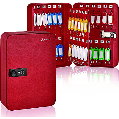 AdirOffice Steel Heavy-Duty Key Cabinet with Combination Lock, 48-Key, 7.1 x 3 x 10, Stainless Steel 304, Red (ALHI68248RED)