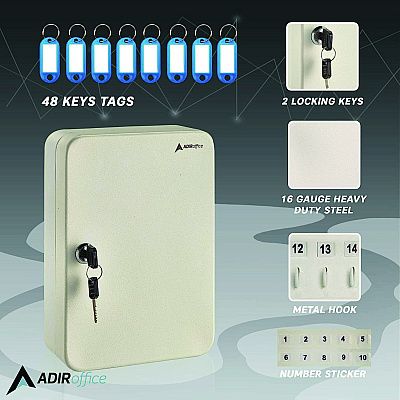 AdirOffice Steel Secure Key Cabinet with Key Lock, 48-Key, 7.1 x 3.1 x 10, Stainless Steel 304, White (ALHI68148WHI)