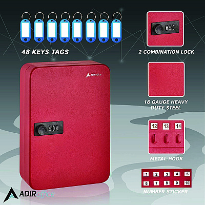 AdirOffice Steel Heavy-Duty Key Cabinet with Combination Lock, 48-Key, 7.1 x 3 x 10, Stainless Steel 304, Red (ALHI68248RED)