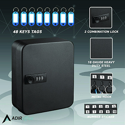 AdirOffice Steel Heavy-Duty Key Cabinet with Combination Lock, 30-Key, 6.4 x 3 x 8, Stainless Steel 304, Black (ALHI68230BLK)