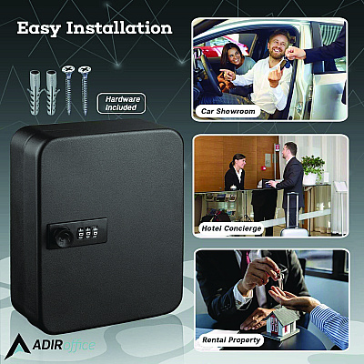 AdirOffice Steel Heavy-Duty Key Cabinet with Combination Lock, 30-Key, 6.4 x 3 x 8, Stainless Steel 304, Black (ALHI68230BLK)