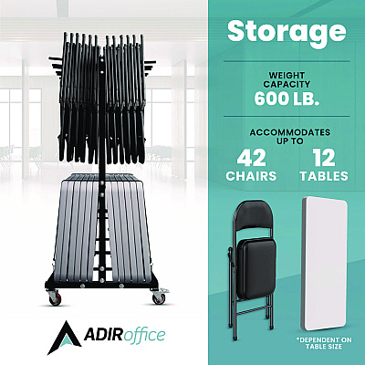AdirOffice Folding Chair and Table Combo Cart, Metal, 600 lb Capacity, 33.7 x 65 x 67, Black (ALHI69001)