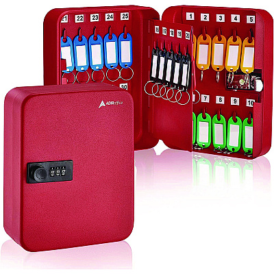 AdirOffice Steel Heavy-Duty Key Cabinet with Combination Lock, 30-Key, 6.4 x 3 x 8, Stainless Steel 304, Red (ALHI68230RED)