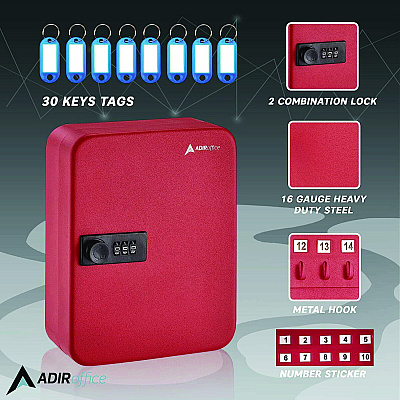 AdirOffice Steel Heavy-Duty Key Cabinet with Combination Lock, 30-Key, 6.4 x 3 x 8, Stainless Steel 304, Red (ALHI68230RED)