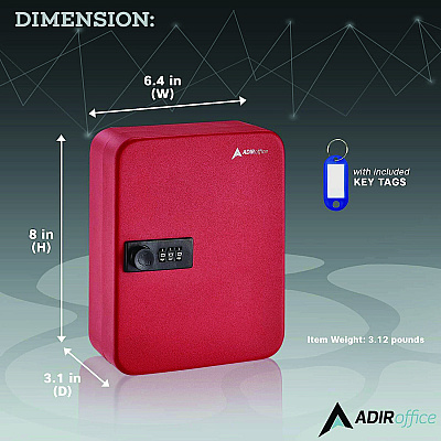 AdirOffice Steel Heavy-Duty Key Cabinet with Combination Lock, 30-Key, 6.4 x 3 x 8, Stainless Steel 304, Red (ALHI68230RED)