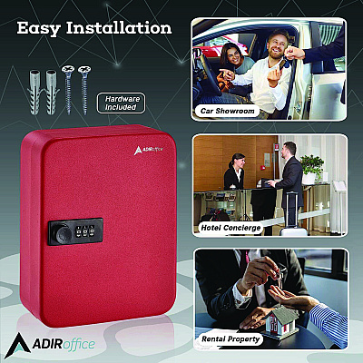 AdirOffice Steel Heavy-Duty Key Cabinet with Combination Lock, 30-Key, 6.4 x 3 x 8, Stainless Steel 304, Red (ALHI68230RED)