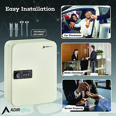 AdirOffice Steel Heavy-Duty Key Cabinet with Combination Lock, 30-Key, 6.4 x 3 x 8, Stainless Steel 304, White (ALHI68230WHI)