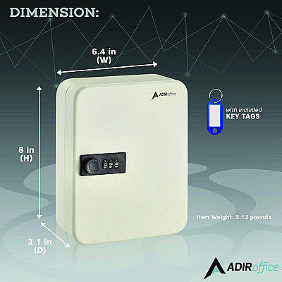 AdirOffice Steel Heavy-Duty Key Cabinet with Combination Lock, 30-Key, 6.4 x 3 x 8, Stainless Steel 304, White (ALHI68230WHI)
