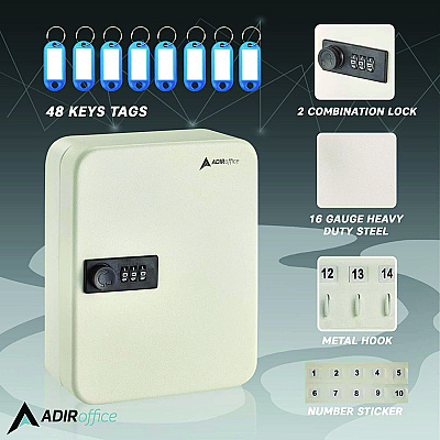AdirOffice Steel Heavy-Duty Key Cabinet with Combination Lock, 30-Key, 6.4 x 3 x 8, Stainless Steel 304, White (ALHI68230WHI)
