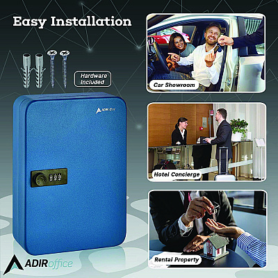 AdirOffice Steel Heavy-Duty Key Cabinet with Combination Lock, 48-Key, 7.1 x 3 x 10, Stainless Steel 304, Blue (ALHI68248BLU)