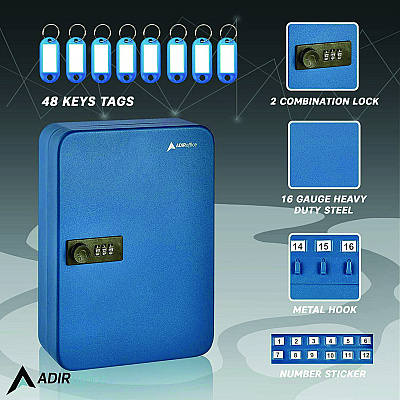 AdirOffice Steel Heavy-Duty Key Cabinet with Combination Lock, 48-Key, 7.1 x 3 x 10, Stainless Steel 304, Blue (ALHI68248BLU)
