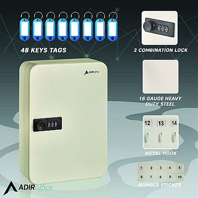 AdirOffice Steel Heavy-Duty Key Cabinet with Combination Lock, 48-Key, 7.1 x 3 x 10, Stainless Steel 304, White (ALHI68248WHI)