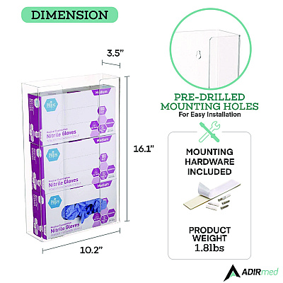 AdirMed Acrylic Glove Dispenser, Triple Box Capacity, 10.2 x 3.5 x 16.1, Clear (ALHI90203)