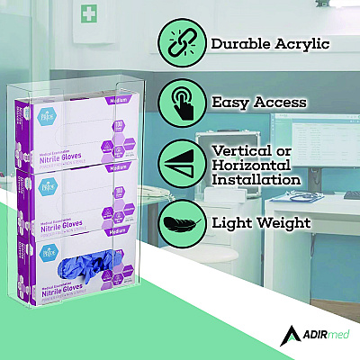 AdirMed Acrylic Glove Dispenser, Triple Box Capacity, 10.2 x 3.5 x 16.1, Clear (ALHI90203)