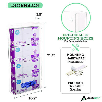 AdirMed Acrylic Glove Dispenser, Quad Box Capacity, 10.2 x 3.5 x 21.1, Clear (ALHI90204)