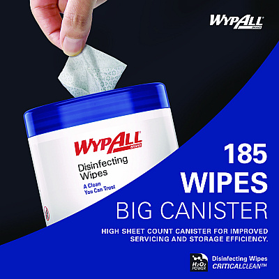 WypAll Disinfecting Wipes, 1-Ply, 5.16 x 8.5, Fresh Scent, White, 185 Sheets/Canister, 3 Canisters/Carton (KCC54481)